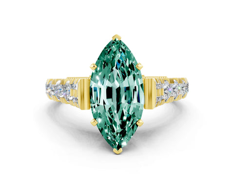 Yellow gold Marquise Cut Green Sapphire Classic Solitaire Ring with Pavé Band and Four-Prong Setting