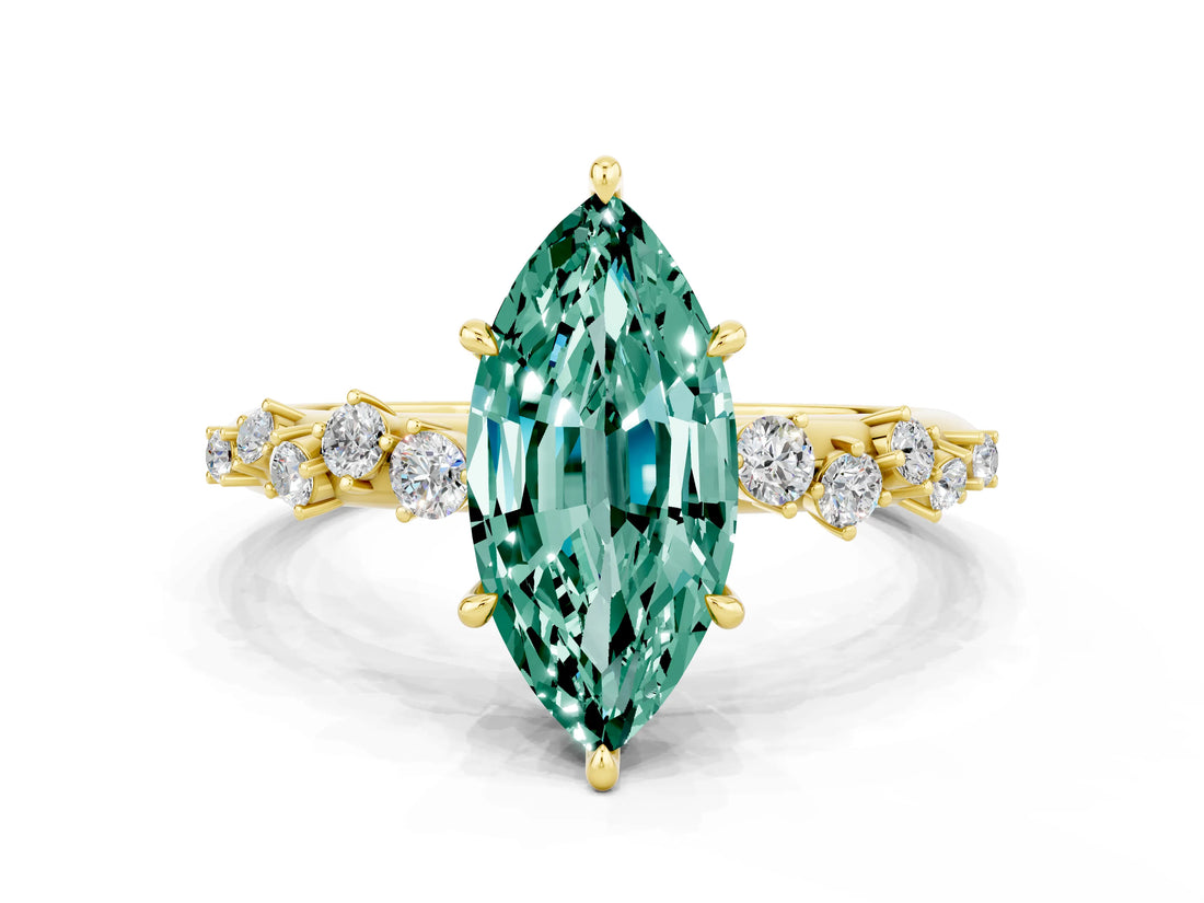 Yellow gold Marquise Cut Green Sapphire Cluster Side Stone Solitaire Ring with Prong Setting_24
