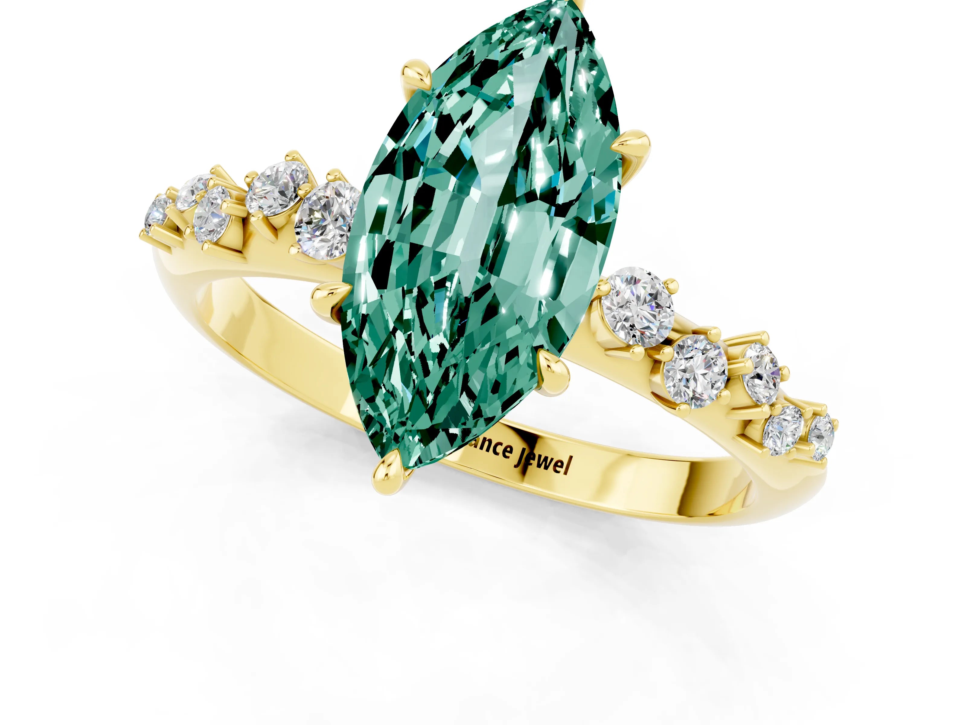 Yellow gold Marquise Cut Green Sapphire Cluster Side Stone Solitaire Ring with Prong Setting_25