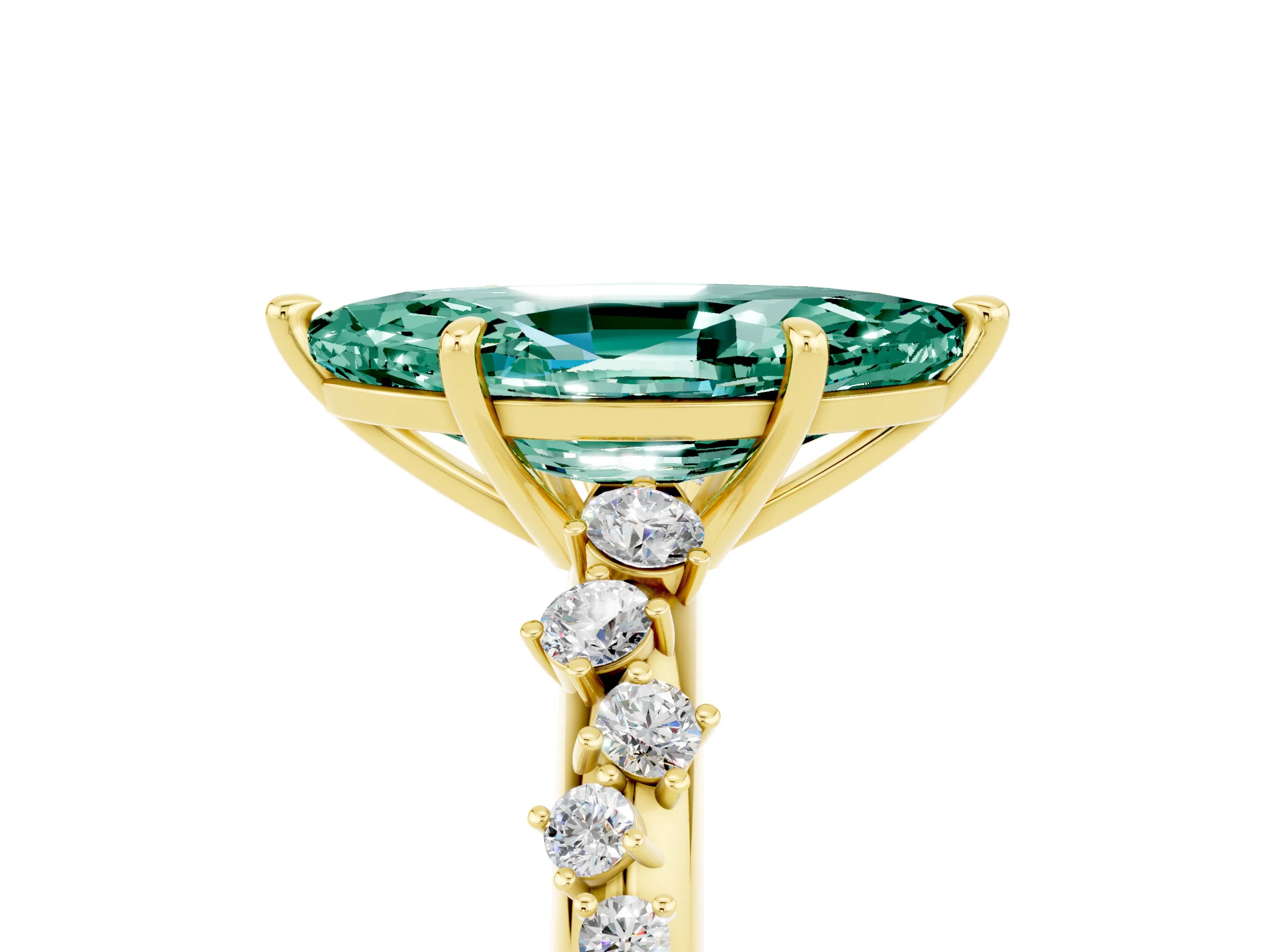 Yellow gold Marquise Cut Green Sapphire Cluster Side Stone Solitaire Ring with Prong Setting_29