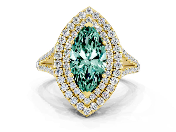 Yellow gold Marquise Cut Green Sapphire Double Halo Ring with Pavé Band and Prong Setting