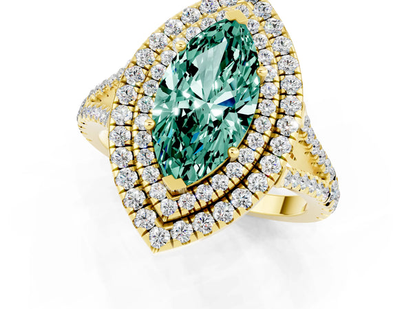 Yellow gold Marquise Cut Green Sapphire Double Halo Ring with Pavé Band and Prong Setting