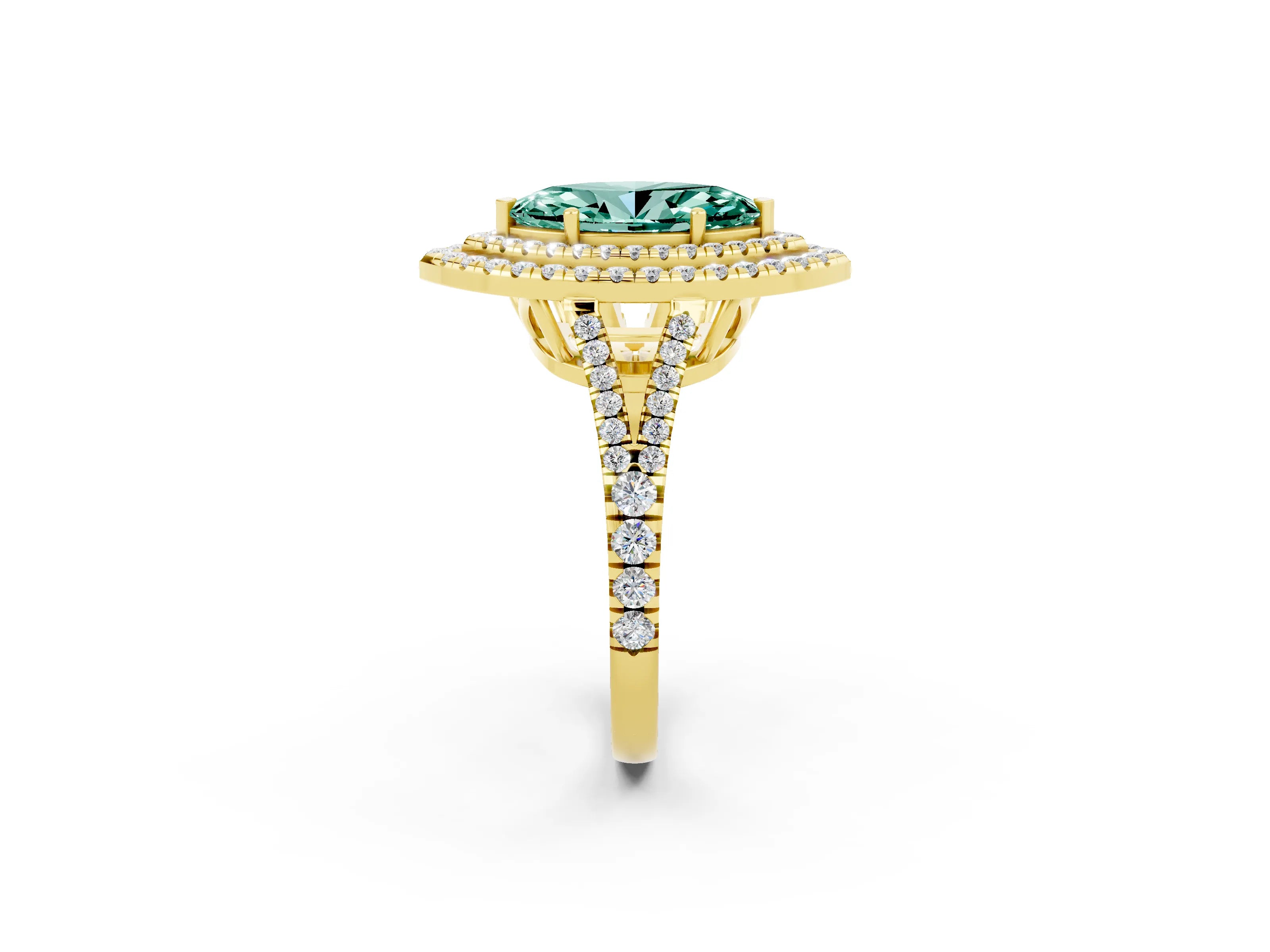 Yellow gold Marquise Cut Green Sapphire Double Halo Ring with Pavé Band and Prong Setting_14