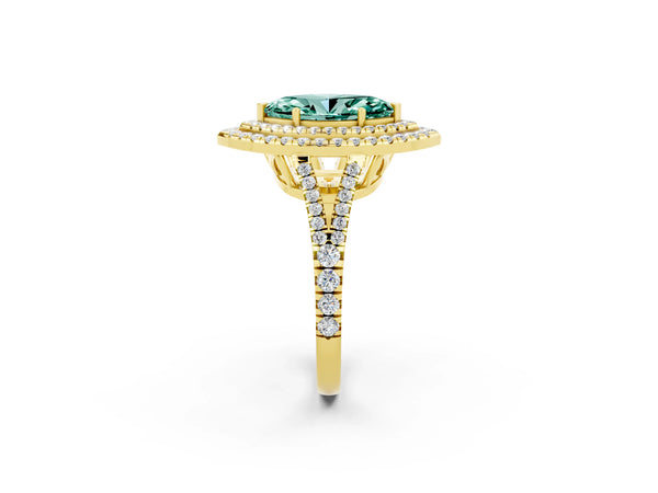 Yellow gold Marquise Cut Green Sapphire Double Halo Ring with Pavé Band and Prong Setting