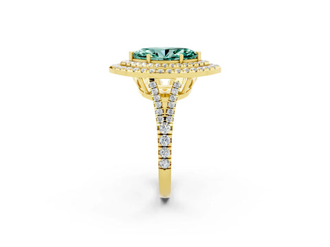 Yellow gold Marquise Cut Green Sapphire Double Halo Ring with Pavé Band and Prong Setting_14