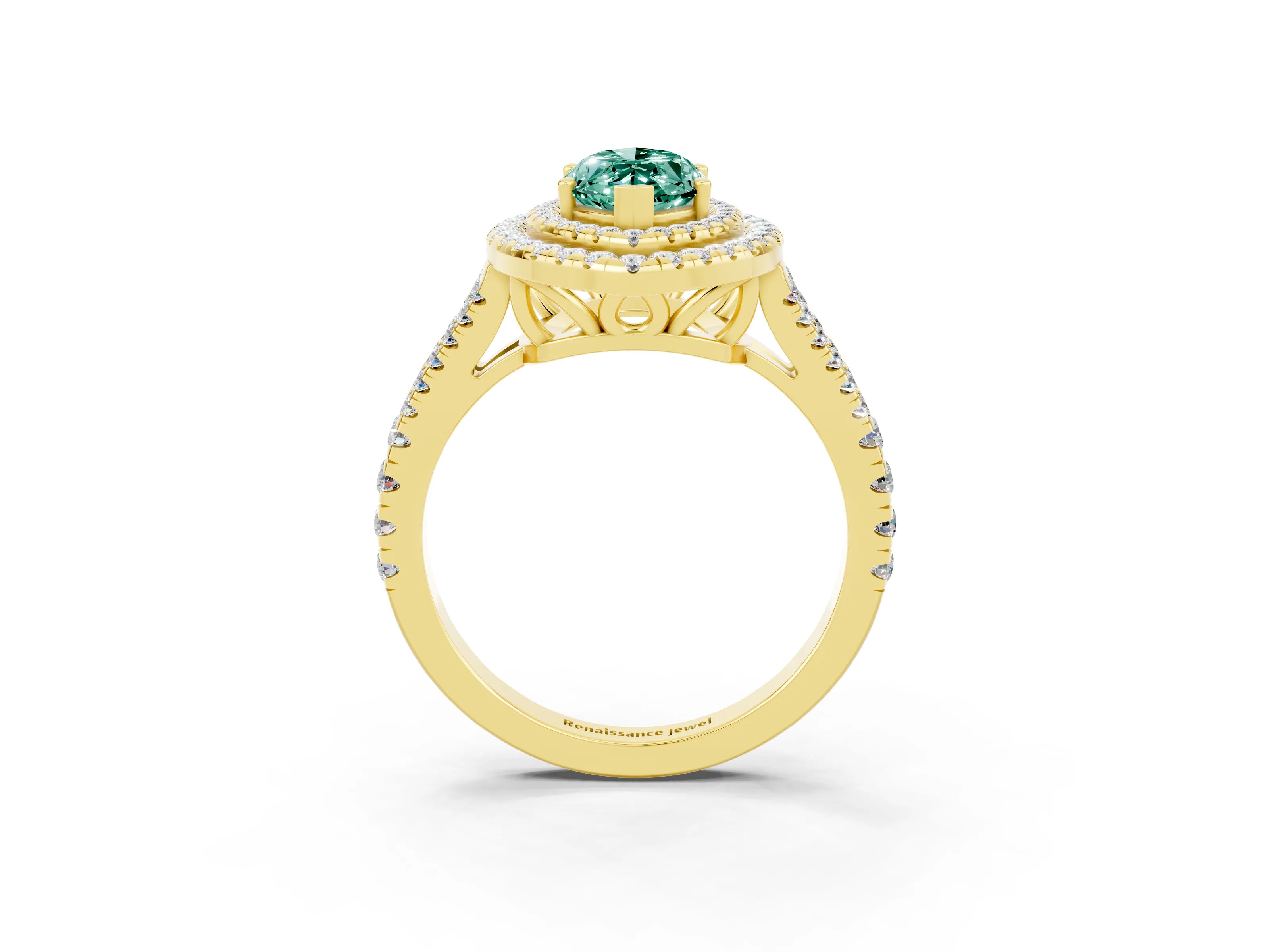 Yellow gold Marquise Cut Green Sapphire Double Halo Ring with Pavé Band and Prong Setting_15