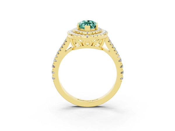 Yellow gold Marquise Cut Green Sapphire Double Halo Ring with Pavé Band and Prong Setting