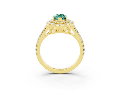 Yellow gold Marquise Cut Green Sapphire Double Halo Ring with Pavé Band and Prong Setting_15