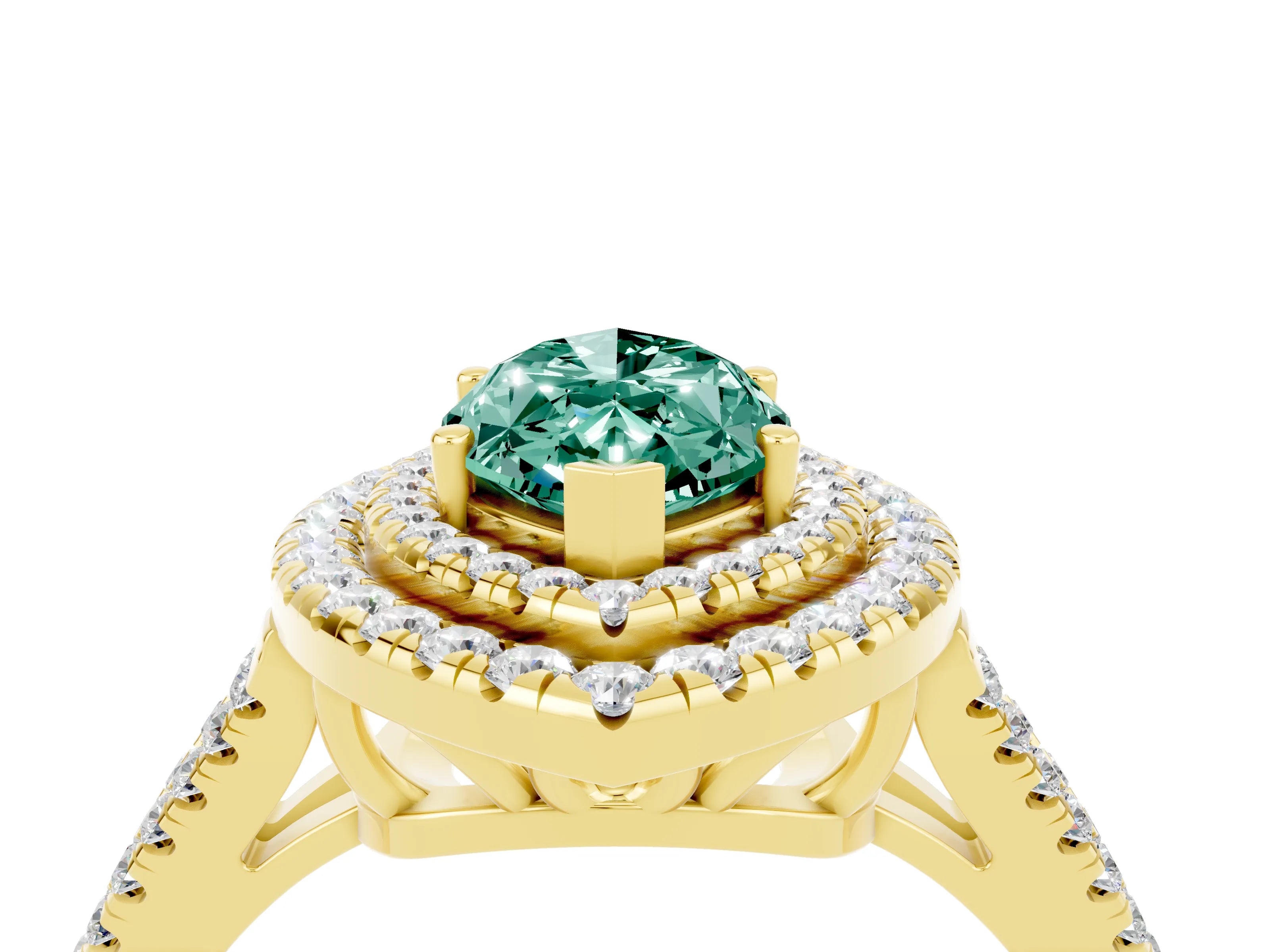 Yellow gold Marquise Cut Green Sapphire Double Halo Ring with Pavé Band and Prong Setting_16