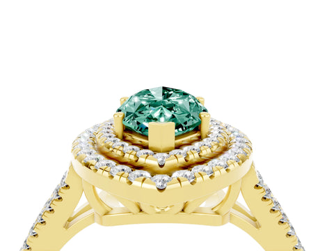 Yellow gold Marquise Cut Green Sapphire Double Halo Ring with Pavé Band and Prong Setting_16