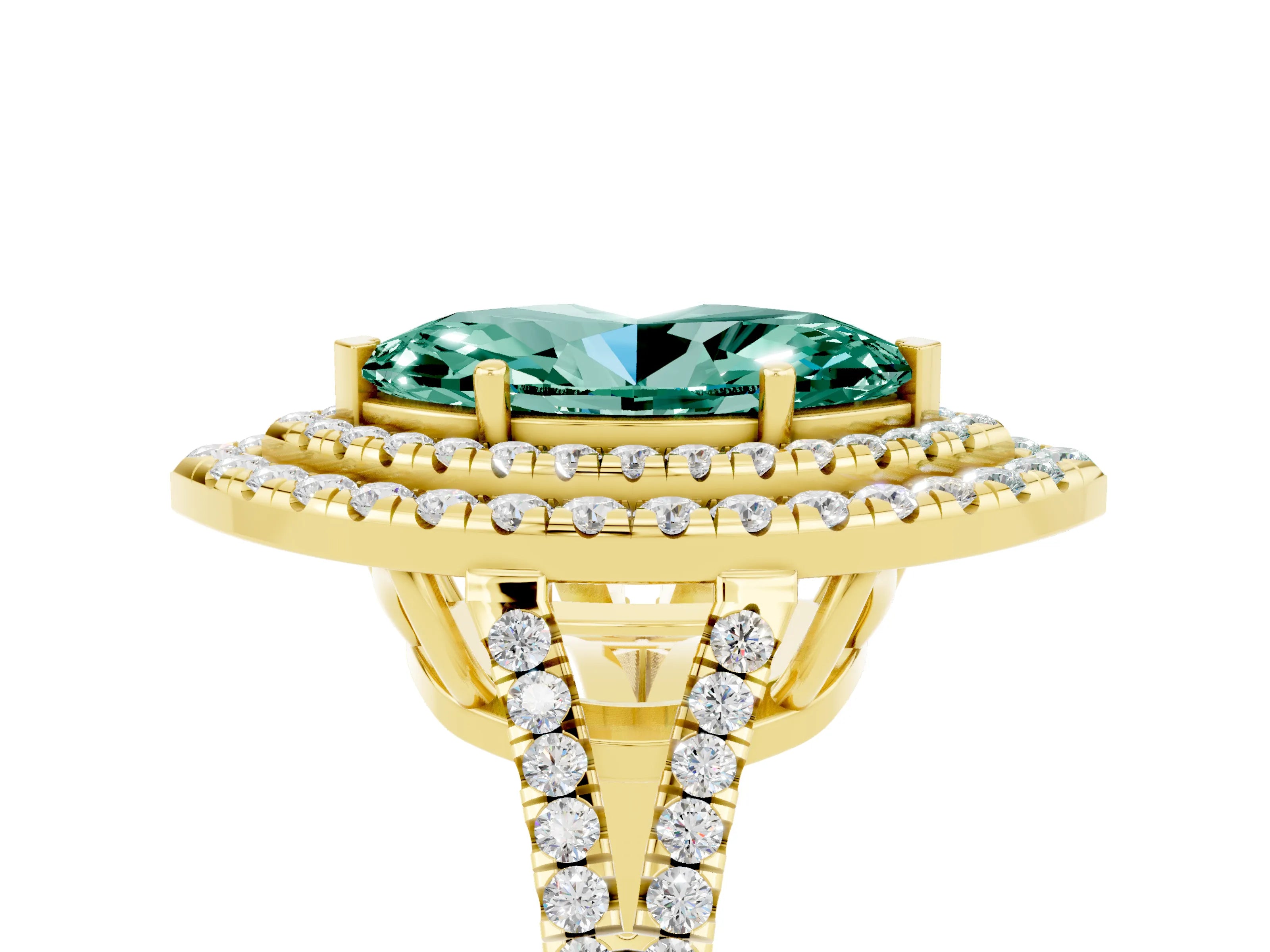 Yellow gold Marquise Cut Green Sapphire Double Halo Ring with Pavé Band and Prong Setting_17