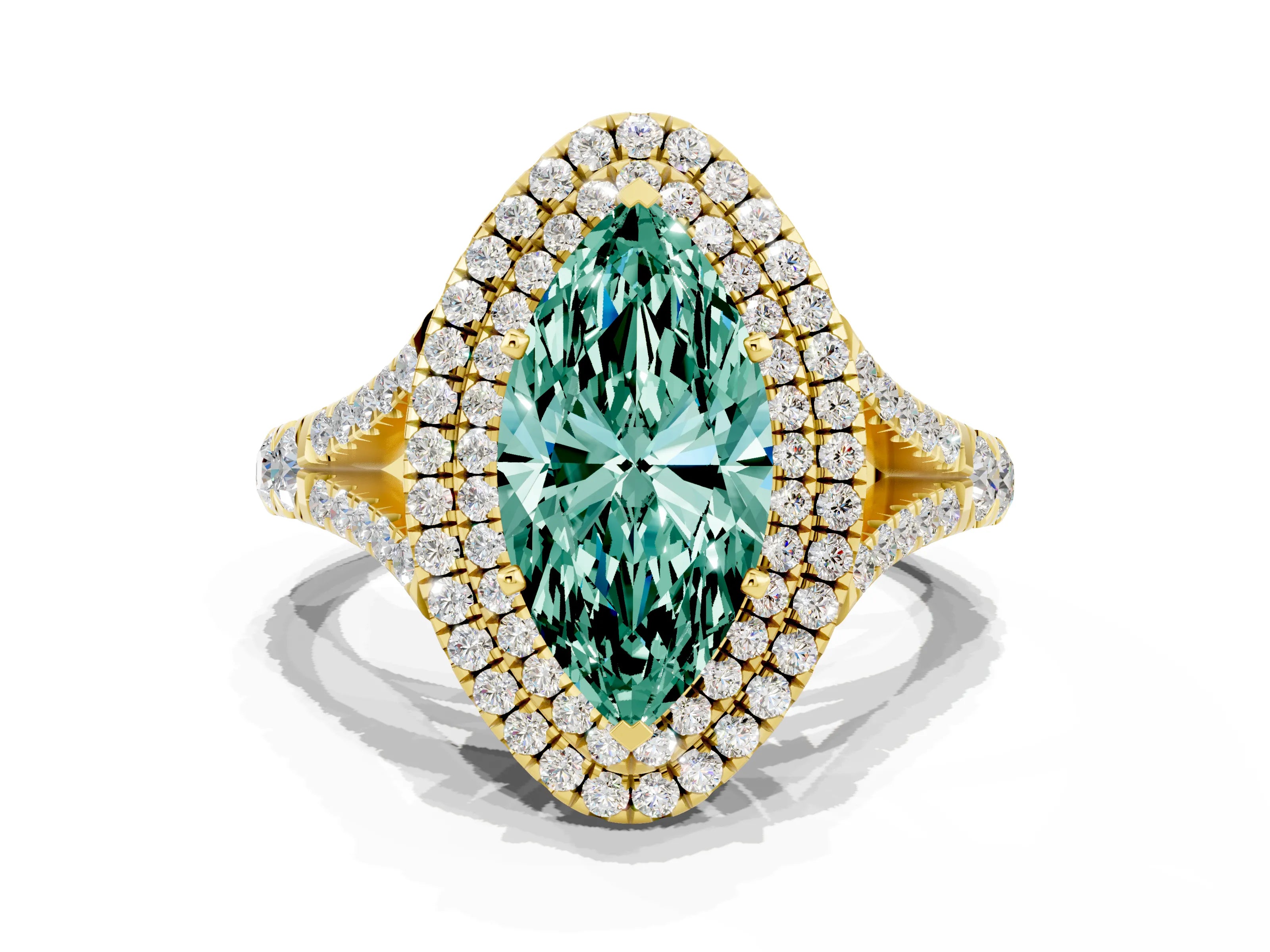 Yellow gold Marquise Cut Green Sapphire Double Halo Ring with Split Shank and Prong Setting_12
