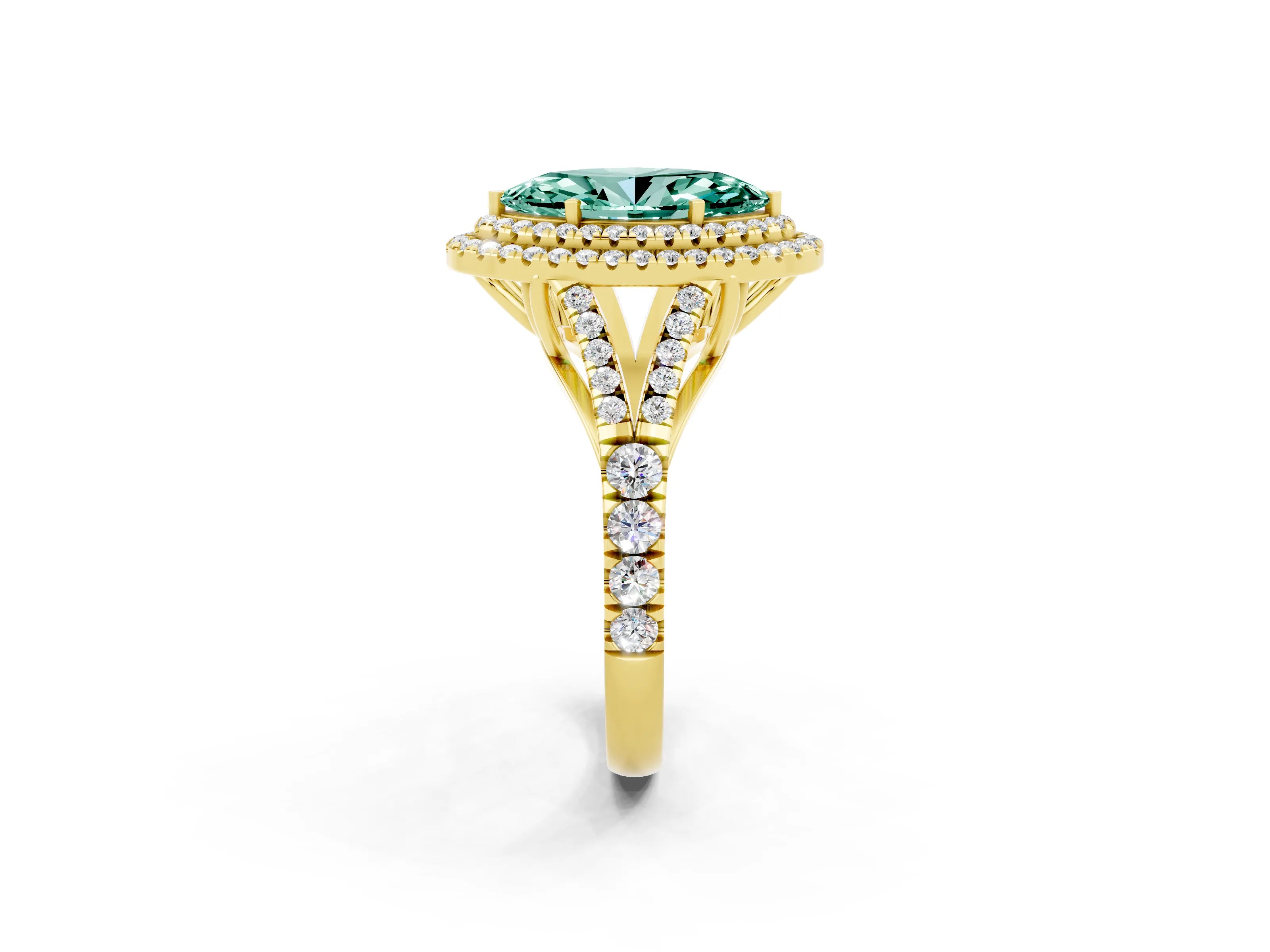 Yellow gold Marquise Cut Green Sapphire Double Halo Ring with Split Shank and Prong Setting_14