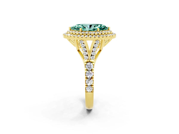 Yellow gold Marquise Cut Green Sapphire Double Halo Ring with Split Shank and Prong Setting