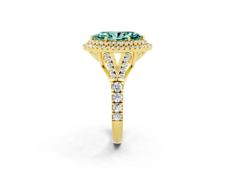 Yellow gold Marquise Cut Green Sapphire Double Halo Ring with Split Shank and Prong Setting_14