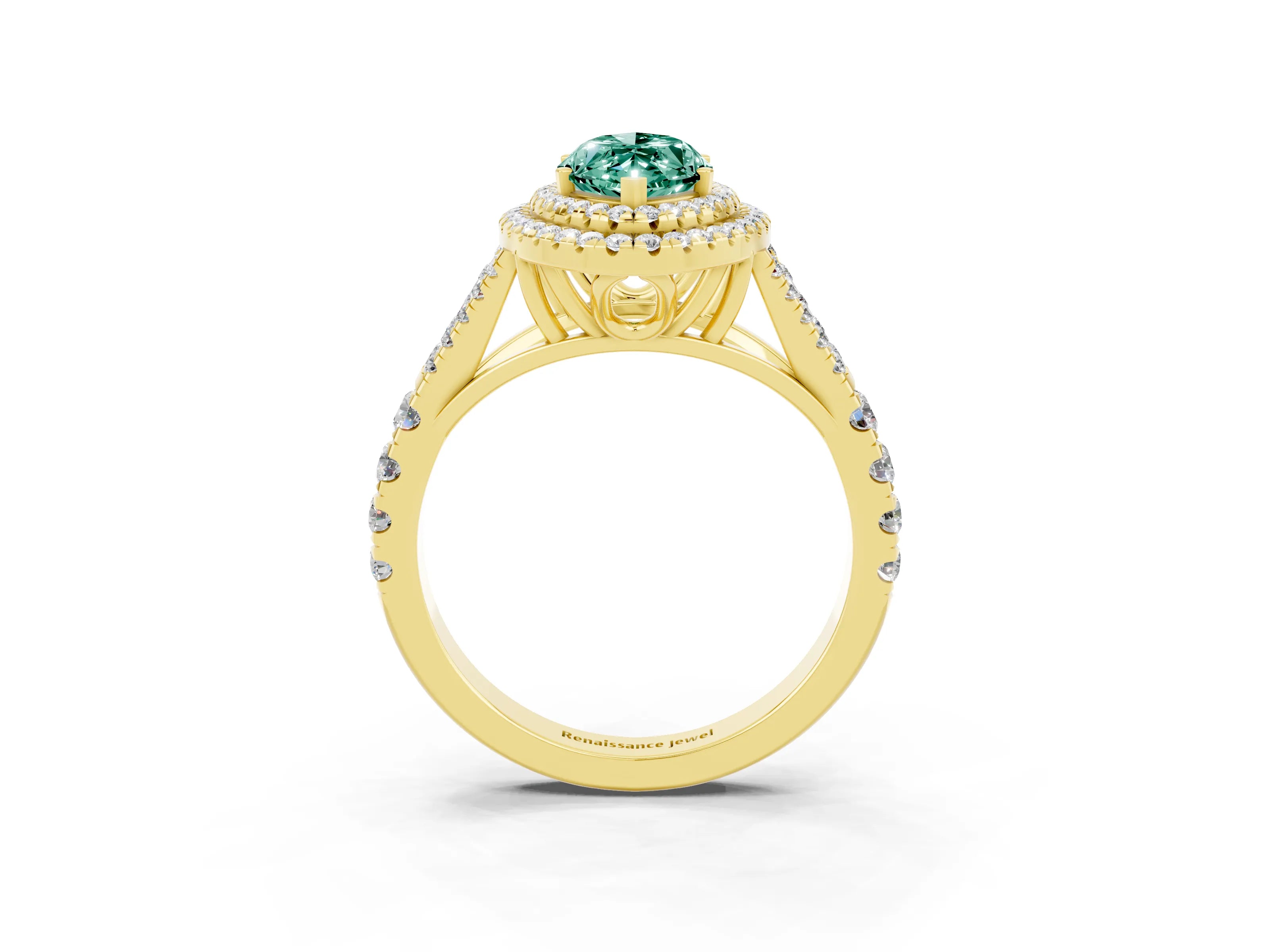 Yellow gold Marquise Cut Green Sapphire Double Halo Ring with Split Shank and Prong Setting_15