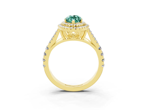 Yellow gold Marquise Cut Green Sapphire Double Halo Ring with Split Shank and Prong Setting
