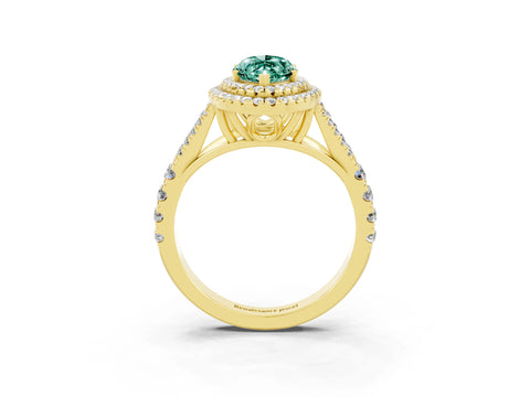 Yellow gold Marquise Cut Green Sapphire Double Halo Ring with Split Shank and Prong Setting_15