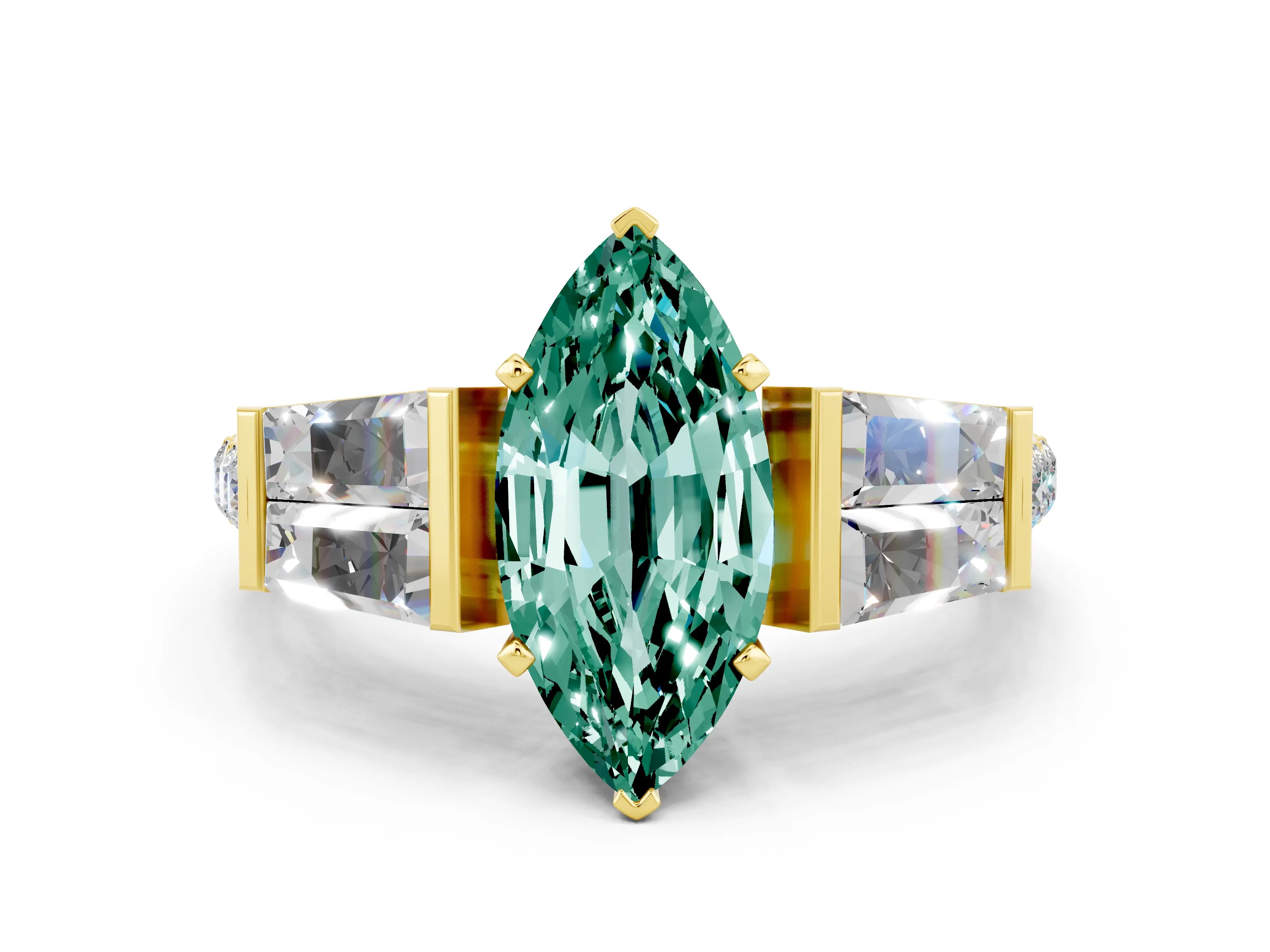 Yellow gold Marquise Cut Green Sapphire Engagement Ring with Baguette Side Stones and Channel Set Band