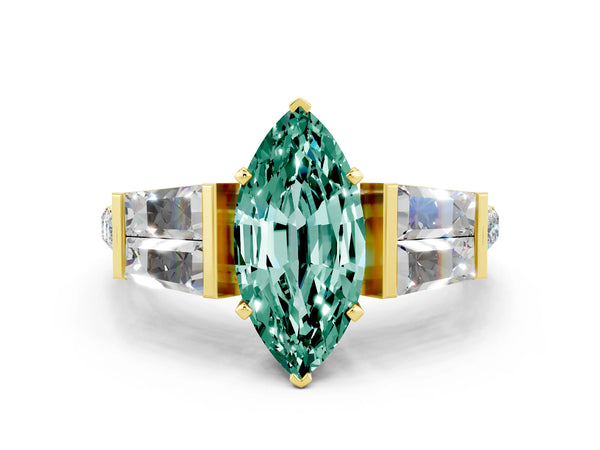 Yellow gold Marquise Cut Green Sapphire Engagement Ring with Baguette Side Stones and Channel Set Band