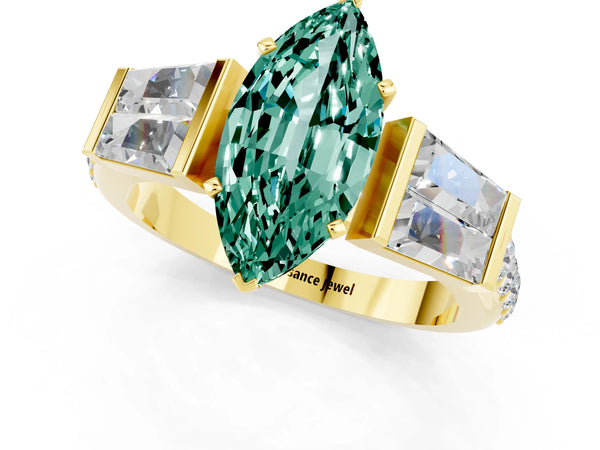 Yellow gold Marquise Cut Green Sapphire Engagement Ring with Baguette Side Stones and Channel Set Band