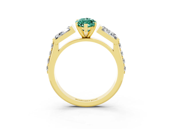 Yellow gold Marquise Cut Green Sapphire Engagement Ring with Baguette Side Stones and Channel Set Band