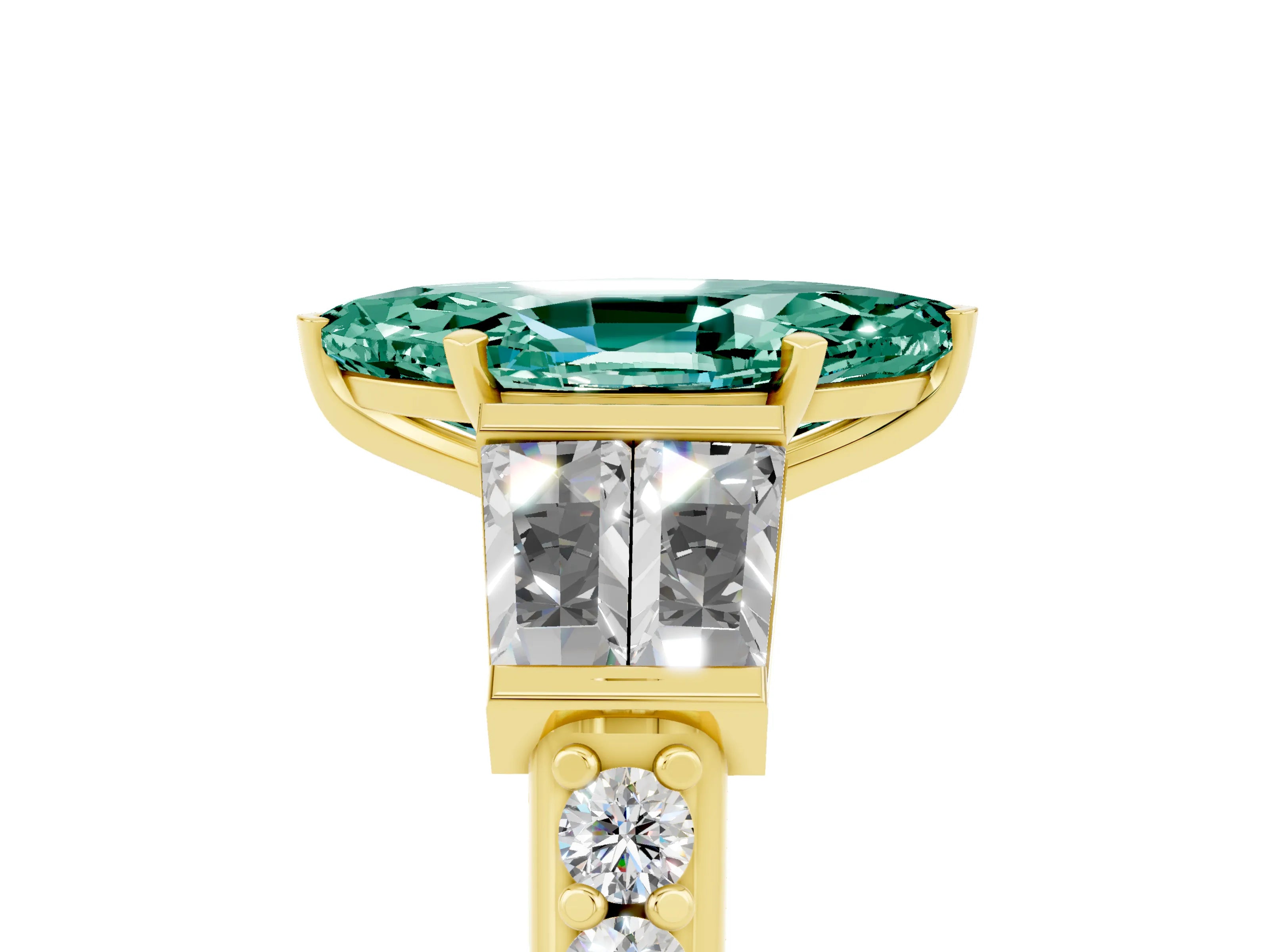 Yellow gold Marquise Cut Green Sapphire Engagement Ring with Baguette Side Stones and Channel Set Band_5