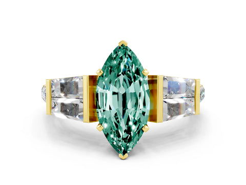 Yellow gold Marquise Cut Green Sapphire Engagement Ring with Baguette Side Stones and Channel Set Band