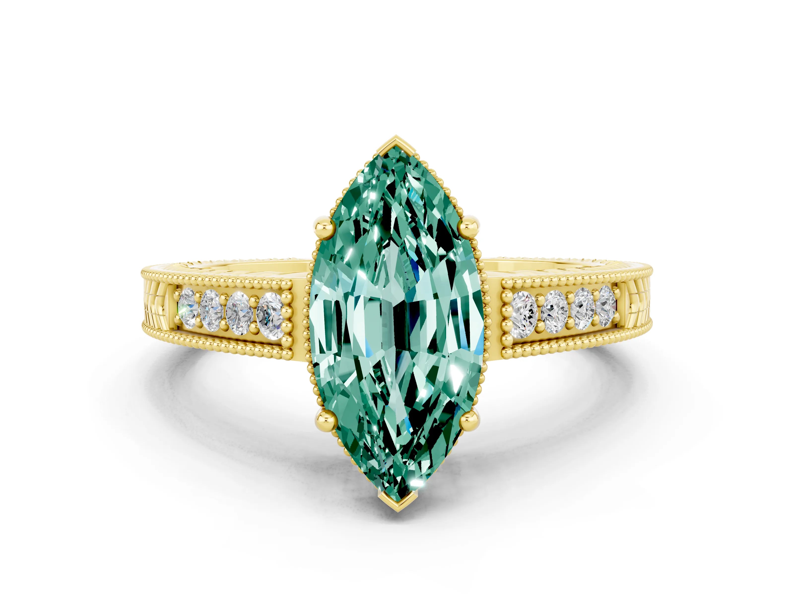 Yellow gold Marquise Cut Green Sapphire Engagement Ring with Milgrain Channel Set Band and Prong Setting