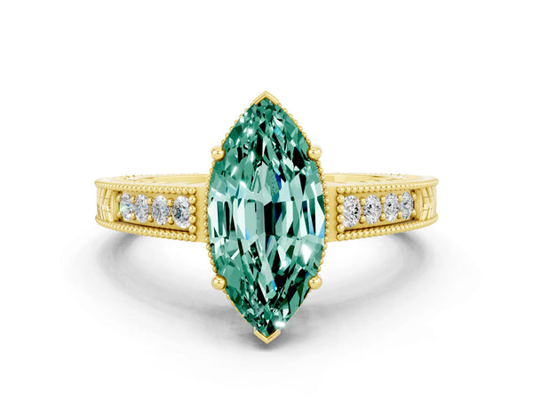 Yellow gold Marquise Cut Green Sapphire Engagement Ring with Milgrain Channel Set Band and Prong Setting