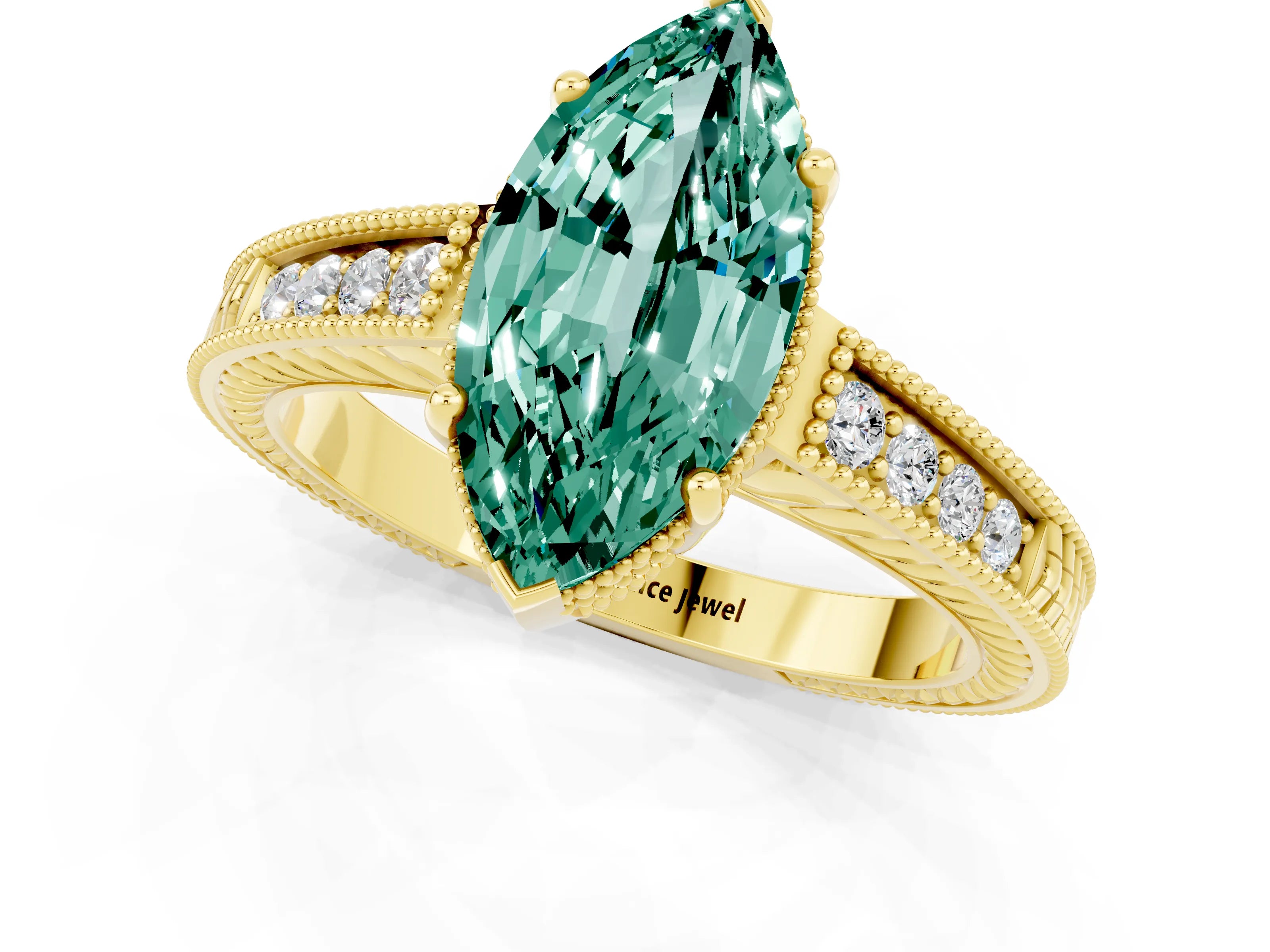 Yellow gold Marquise Cut Green Sapphire Engagement Ring with Milgrain Channel Set Band and Prong Setting_1