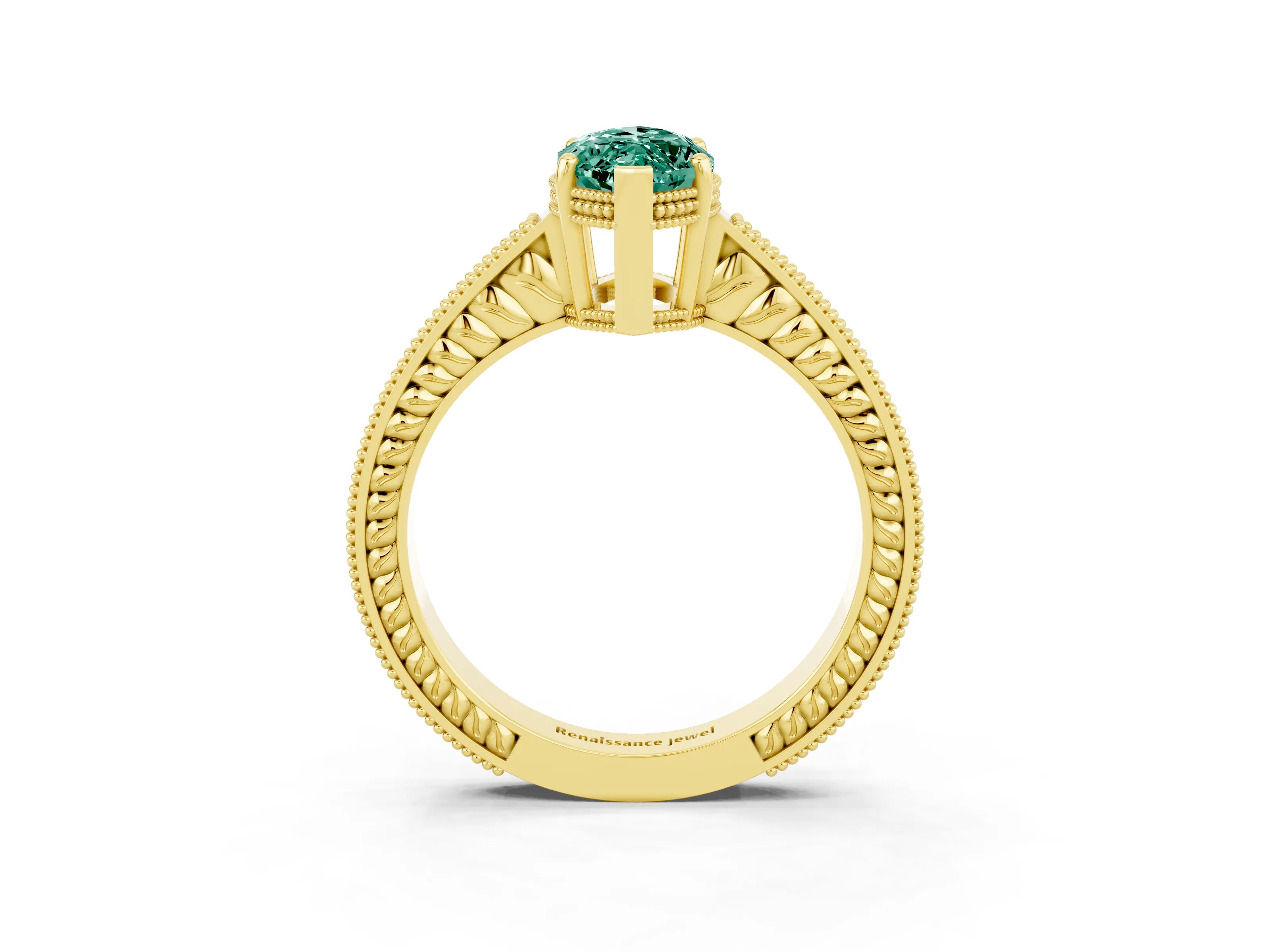 Yellow gold Marquise Cut Green Sapphire Engagement Ring with Milgrain Channel Set Band and Prong Setting_3