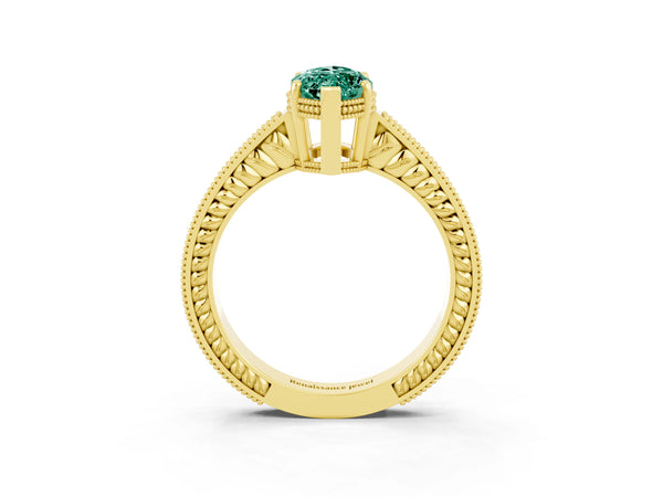 Yellow gold Marquise Cut Green Sapphire Engagement Ring with Milgrain Channel Set Band and Prong Setting