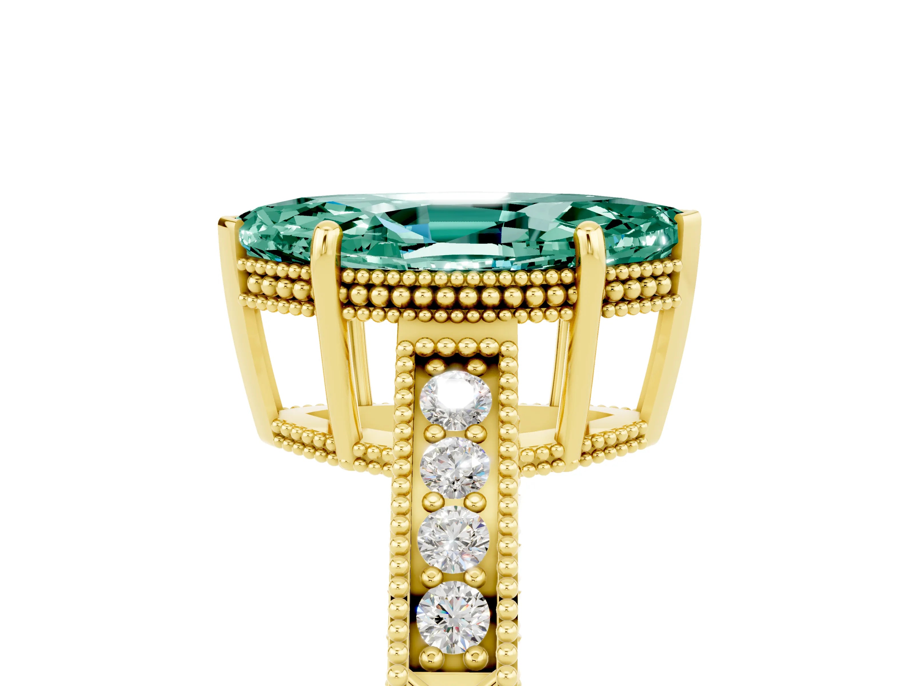 Yellow gold Marquise Cut Green Sapphire Engagement Ring with Milgrain Channel Set Band and Prong Setting_5