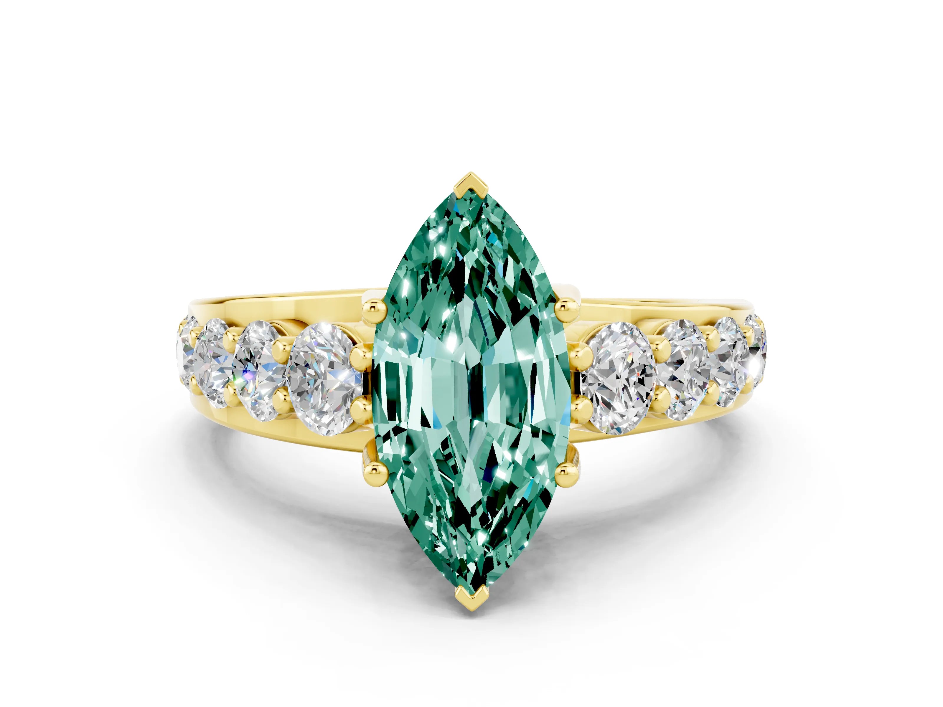 Yellow gold Marquise Cut Green Sapphire Engagement Ring with Pavé Band and Four-Prong Setting