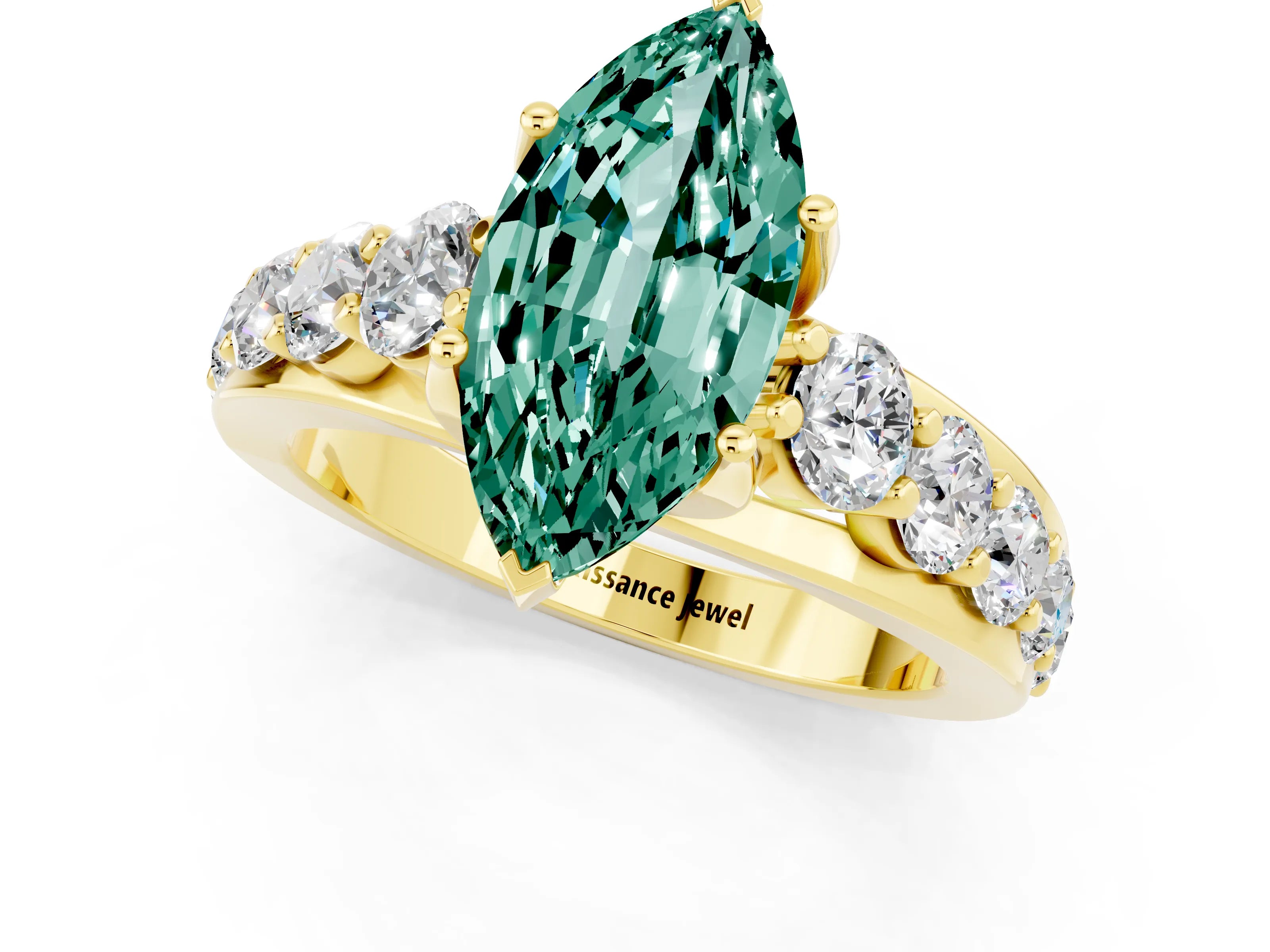 Yellow gold Marquise Cut Green Sapphire Engagement Ring with Pavé Band and Four-Prong Setting_1