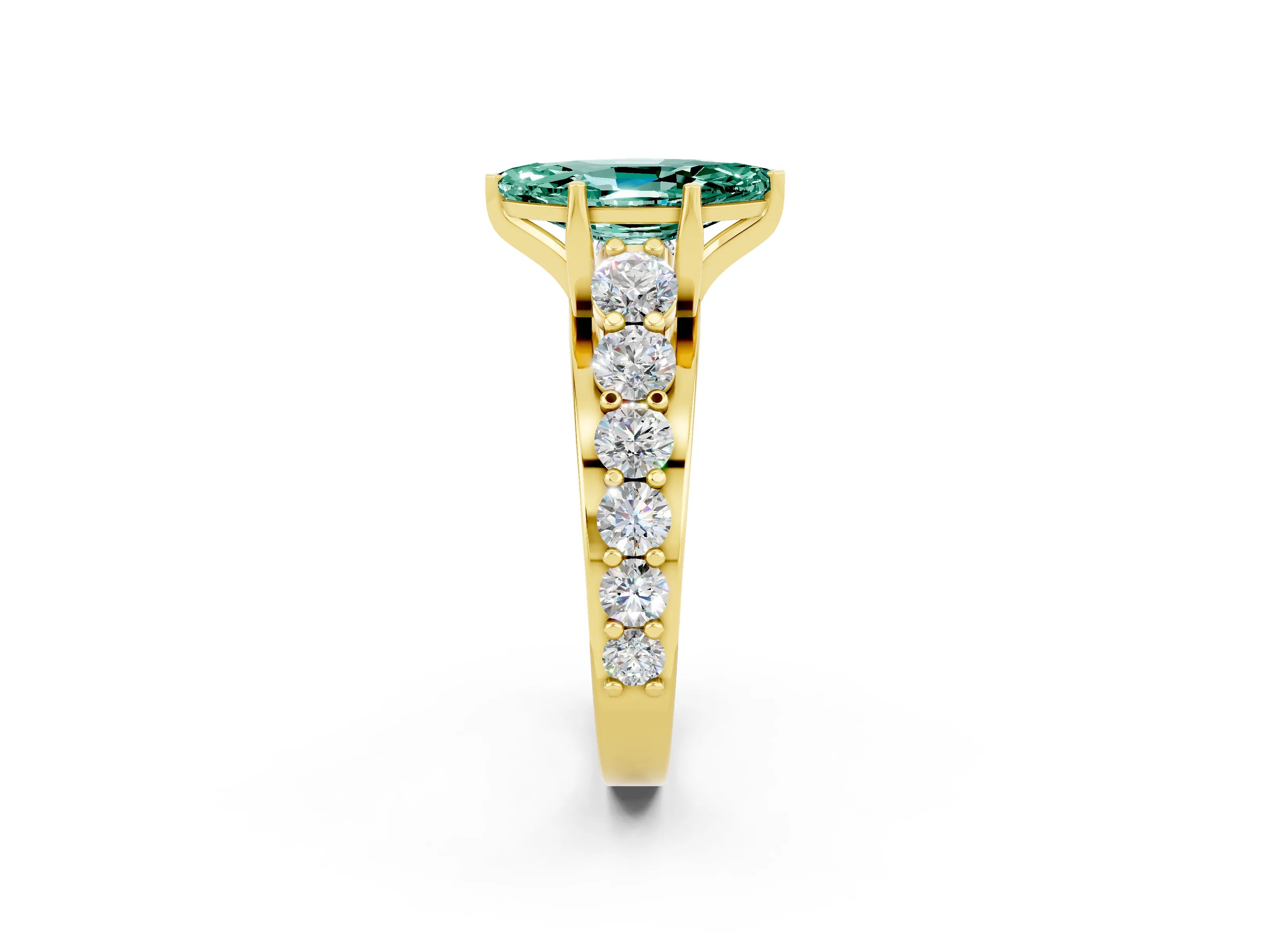 Yellow gold Marquise Cut Green Sapphire Engagement Ring with Pavé Band and Four-Prong Setting_2