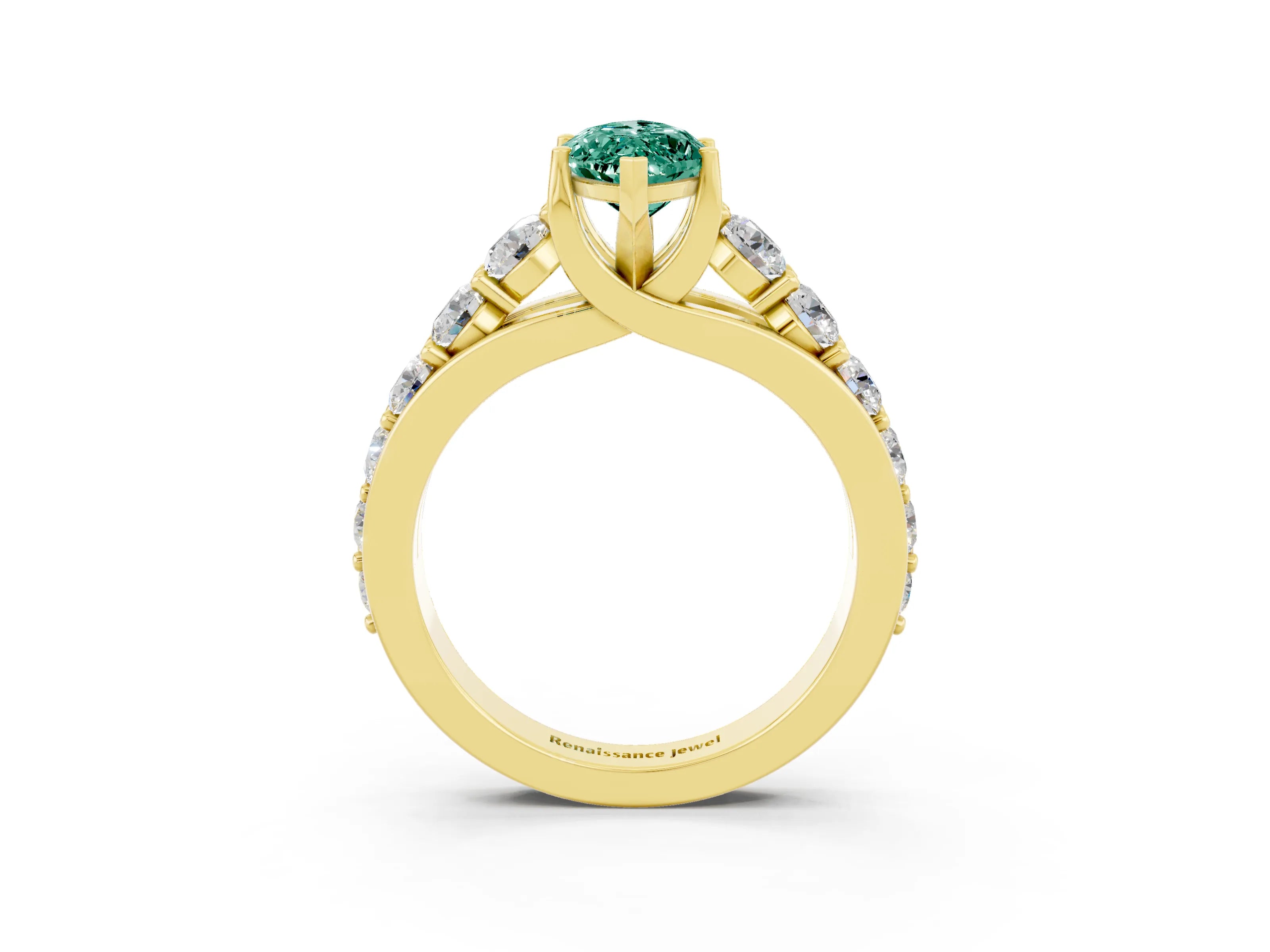 Yellow gold Marquise Cut Green Sapphire Engagement Ring with Pavé Band and Four-Prong Setting_3