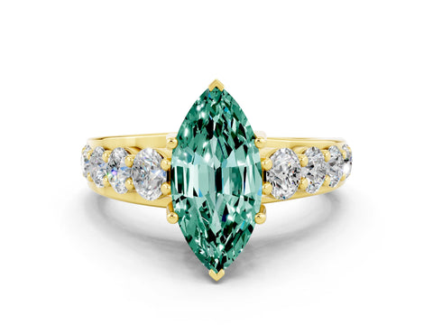 Yellow gold Marquise Cut Green Sapphire Engagement Ring with Pavé Band and Four-Prong Setting