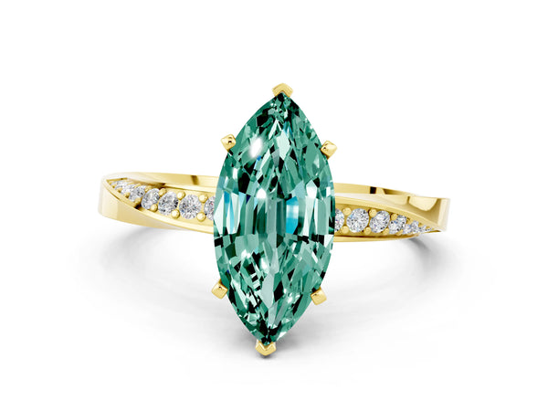 Yellow gold Marquise Cut Green Sapphire Engagement Ring with Side Stone Accents and Four-Prong Setting
