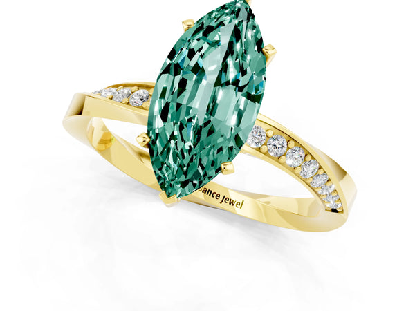 Yellow gold Marquise Cut Green Sapphire Engagement Ring with Side Stone Accents and Four-Prong Setting