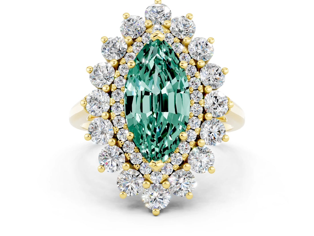 Yellow gold Marquise Cut Green Sapphire Floral Double Halo Engagement Ring with Prong Setting_84