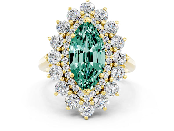 Yellow gold Marquise Cut Green Sapphire Floral Double Halo Engagement Ring with Prong Setting