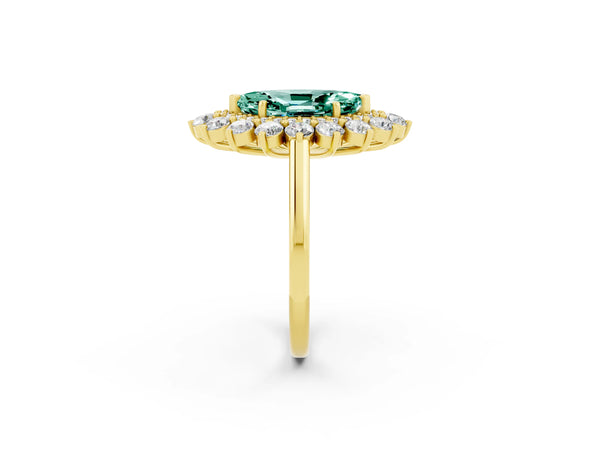 Yellow gold Marquise Cut Green Sapphire Floral Double Halo Engagement Ring with Prong Setting