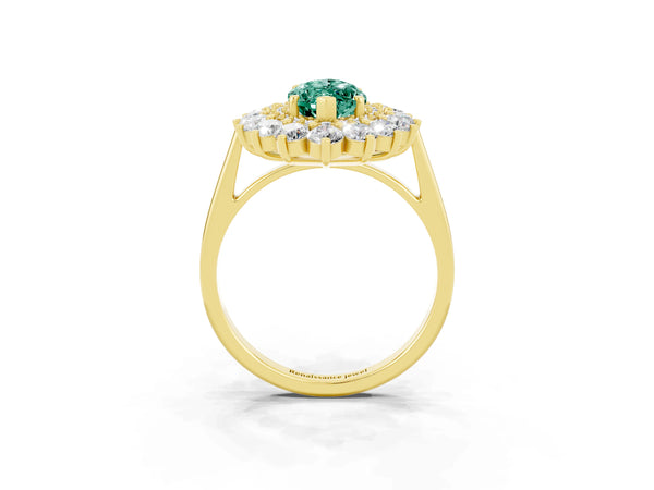 Yellow gold Marquise Cut Green Sapphire Floral Double Halo Engagement Ring with Prong Setting