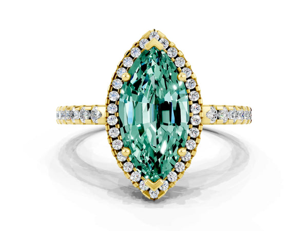 Yellow gold Marquise Cut Green Sapphire Halo Engagement Ring with Pavé Band and Prong Setting