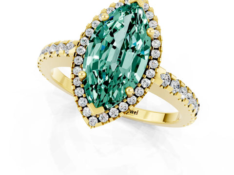 Yellow gold Marquise Cut Green Sapphire Halo Engagement Ring with Pavé Band and Prong Setting_13