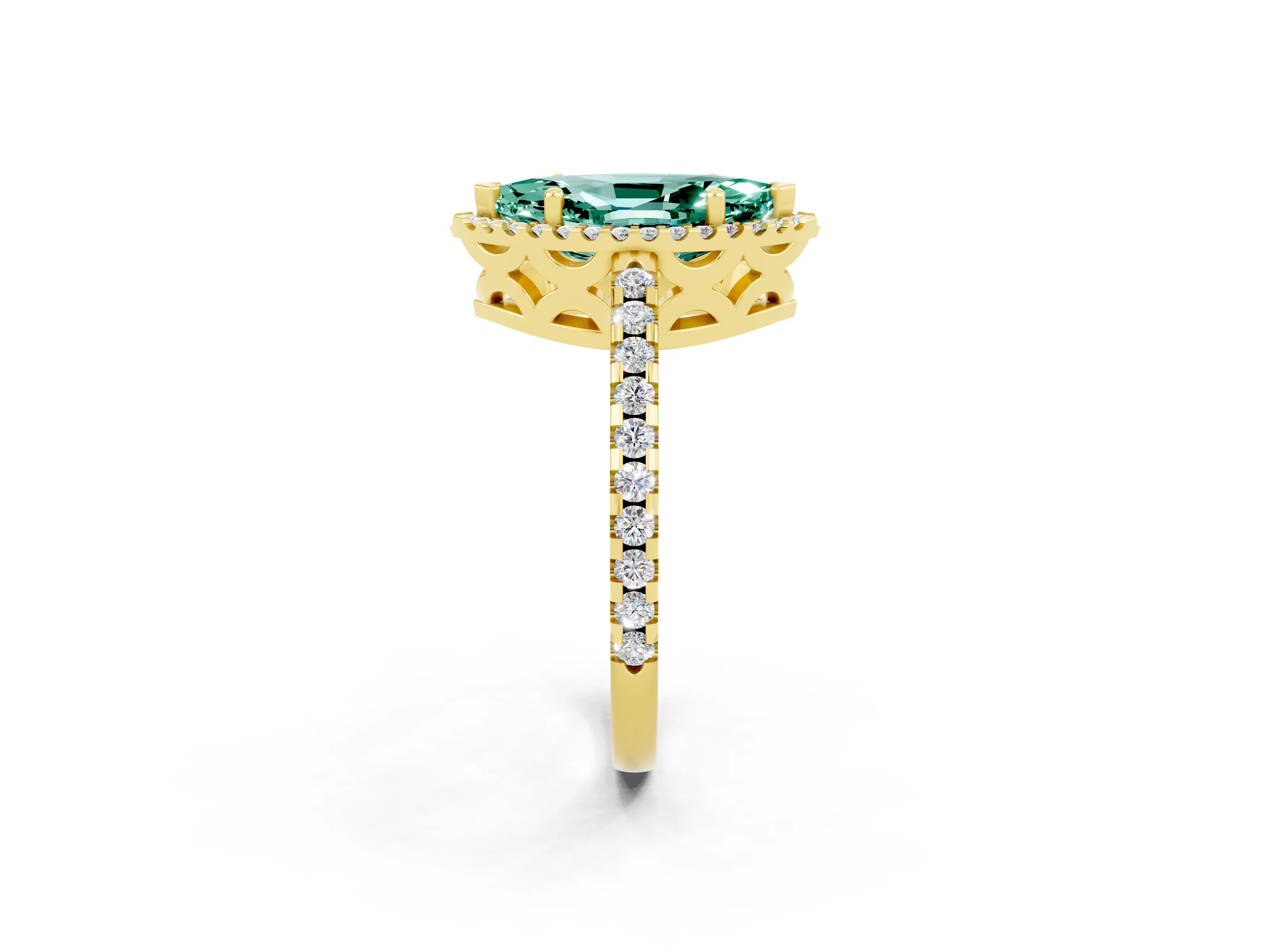 Yellow gold Marquise Cut Green Sapphire Halo Engagement Ring with Pavé Band and Prong Setting_14