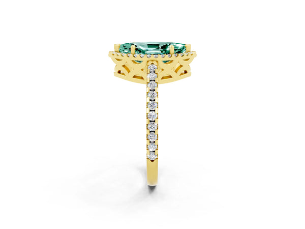 Yellow gold Marquise Cut Green Sapphire Halo Engagement Ring with Pavé Band and Prong Setting