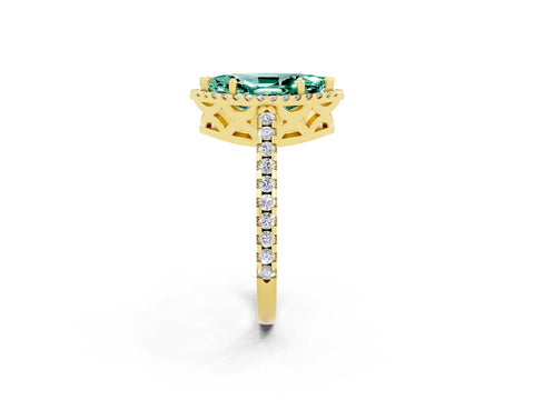 Yellow gold Marquise Cut Green Sapphire Halo Engagement Ring with Pavé Band and Prong Setting_14